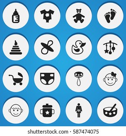 Set Of 16 Editable Child Icons. Includes Symbols Such As Teddy, Soothers, Nappy And More. Can Be Used For Web, Mobile, UI And Infographic Design.