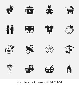 Set Of 16 Editable Child Icons. Includes Symbols Such As Adorn, Goplet, Stroller And More. Can Be Used For Web, Mobile, UI And Infographic Design.