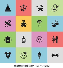 Set Of 16 Editable Child Icons. Includes Symbols Such As Twins Babies, Small Dresses, Goplet And More. Can Be Used For Web, Mobile, UI And Infographic Design.