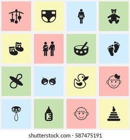 Set Of 16 Editable Child Icons. Includes Symbols Such As Spoon, Lineage, Bath Toys And More. Can Be Used For Web, Mobile, UI And Infographic Design.