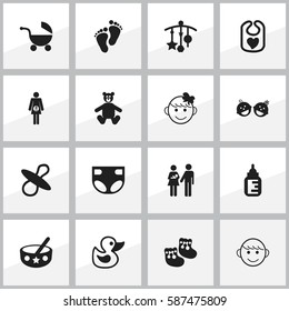 Set Of 16 Editable Child Icons. Includes Symbols Such As Nursing Bottle, Adorn, Pinafore And More. Can Be Used For Web, Mobile, UI And Infographic Design.
