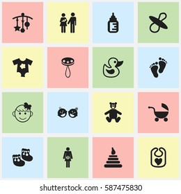 Set Of 16 Editable Child Icons. Includes Symbols Such As Pregnancy, Stroller, Soothers And More. Can Be Used For Web, Mobile, UI And Infographic Design.