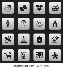 Set Of 16 Editable Child Icons. Includes Symbols Such As Teddy, Nappy, Rattle And More. Can Be Used For Web, Mobile, UI And Infographic Design.