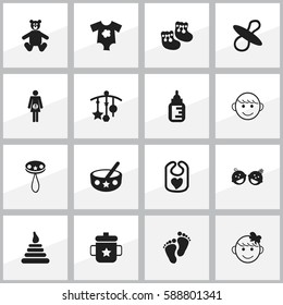Set Of 16 Editable Child Icons. Includes Symbols Such As Merry Children, Cheerful Child, Tower And More. Can Be Used For Web, Mobile, UI And Infographic Design.