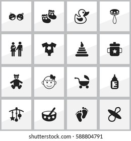 Set Of 16 Editable Child Icons. Includes Symbols Such As Stroller, Spoon, Twins Babies And More. Can Be Used For Web, Mobile, UI And Infographic Design.