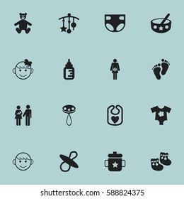 Set Of 16 Editable Child Icons. Includes Symbols Such As Nappy, Pregnancy, Spoon And More. Can Be Used For Web, Mobile, UI And Infographic Design.