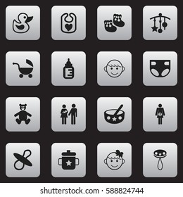 Set Of 16 Editable Child Icons. Includes Symbols Such As Shoes For Babies, Rattle, Soothers And More. Can Be Used For Web, Mobile, UI And Infographic Design.