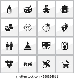 Set Of 16 Editable Child Icons. Includes Symbols Such As Spoon, Teddy, Tower And More. Can Be Used For Web, Mobile, UI And Infographic Design.