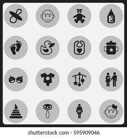 Set Of 16 Editable Child Icons. Includes Symbols Such As Cheerful Child, Small Dresses, Tower And More. Can Be Used For Web, Mobile, UI And Infographic Design.