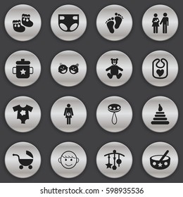 Set Of 16 Editable Child Icons. Includes Symbols Such As Small Dresses, Rattle, Spoon And More. Can Be Used For Web, Mobile, UI And Infographic Design.