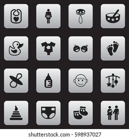 Set Of 16 Editable Child Icons. Includes Symbols Such As Small Dresses, Pregnancy, Tower And More. Can Be Used For Web, Mobile, UI And Infographic Design.