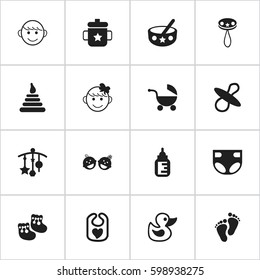 Set Of 16 Editable Child Icons. Includes Symbols Such As Merry Children, Tower, Bath Toys And More. Can Be Used For Web, Mobile, UI And Infographic Design.