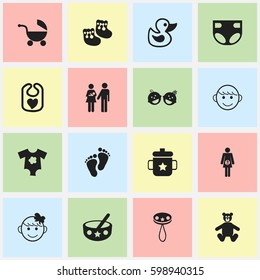 Set Of 16 Editable Child Icons. Includes Symbols Such As Goplet, Pinafore, Small Dresses And More. Can Be Used For Web, Mobile, UI And Infographic Design.
