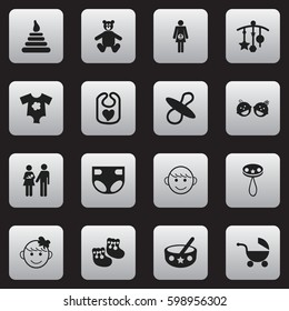 Set Of 16 Editable Child Icons. Includes Symbols Such As Merry Children, Twins Babies, Pinafore And More. Can Be Used For Web, Mobile, UI And Infographic Design.