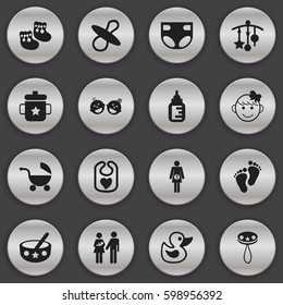 Set Of 16 Editable Child Icons. Includes Symbols Such As Cheerful Child, Soothers, Nappy And More. Can Be Used For Web, Mobile, UI And Infographic Design.