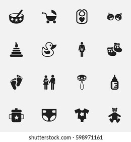 Set Of 16 Editable Child Icons. Includes Symbols Such As Twins Babies, Nappy, Stroller And More. Can Be Used For Web, Mobile, UI And Infographic Design.