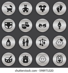 Set Of 16 Editable Child Icons. Includes Symbols Such As Spoon, Twins Babies, Stroller And More. Can Be Used For Web, Mobile, UI And Infographic Design.