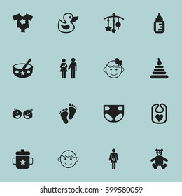 Set Of 16 Editable Child Icons. Includes Symbols Such As Tower, Nappy, Lineage And More. Can Be Used For Web, Mobile, UI And Infographic Design.