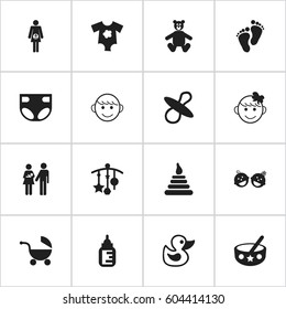 Set Of 16 Editable Child Icons. Includes Symbols Such As Spoon, Twins Babies, Stroller And More. Can Be Used For Web, Mobile, UI And Infographic Design.
