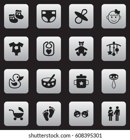 Set Of 16 Editable Child Icons. Includes Symbols Such As Adorn, Lineage, Footmark And More. Can Be Used For Web, Mobile, UI And Infographic Design.