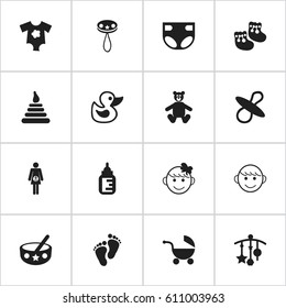 Set Of 16 Editable Child Icons. Includes Symbols Such As Adorn, Cheerful Child, Spoon And More. Can Be Used For Web, Mobile, UI And Infographic Design.