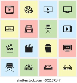 Set Of 16 Editable Cinema Icons. Includes Symbols Such As Shooting Seat, Camera Strip, Action And More. Can Be Used For Web, Mobile, UI And Infographic Design.