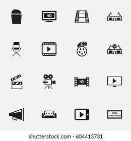 Set Of 16 Editable Cinema Icons. Includes Symbols Such As Couch, Clapper, Record Cam And More. Can Be Used For Web, Mobile, UI And Infographic Design.