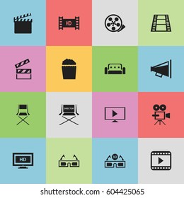 Set Of 16 Editable Cinema Icons. Includes Symbols Such As Chair, Tape, Action And More. Can Be Used For Web, Mobile, UI And Infographic Design.