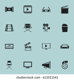 Set Of 16 Editable Cinema Icons. Includes Symbols Such As Loudspeaker, Cinema Snack, Reel And More. Can Be Used For Web, Mobile, UI And Infographic Design.