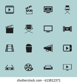 Set Of 16 Editable Cinema Icons. Includes Symbols Such As Monitor, Movie Player, Chair And More. Can Be Used For Web, Mobile, UI And Infographic Design.