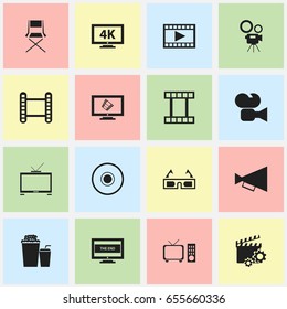 Set Of 16 Editable Cinema Icons. Includes Symbols Such As The End, Announcement, Movie Strip And More. Can Be Used For Web, Mobile, UI And Infographic Design.