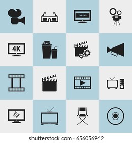 Set Of 16 Editable Cinema Icons. Includes Symbols Such As Ultra Display, Drink, Compact Disk And More. Can Be Used For Web, Mobile, UI And Infographic Design.