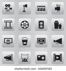 Set Of 16 Editable Cinema Icons. Includes Symbols Such As Record Cam, Loudspeaker, Drink And More. Can Be Used For Web, Mobile, UI And Infographic Design.
