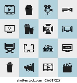 Set Of 16 Editable Cinema Icons. Includes Symbols Such As Record Cam, Video, Home Cinema And More. Can Be Used For Web, Mobile, UI And Infographic Design.