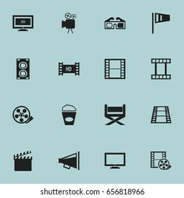 Set Of 16 Editable Cinema Icons. Includes Symbols Such As Pennant, Monitor, Tripod And More. Can Be Used For Web, Mobile, UI And Infographic Design.