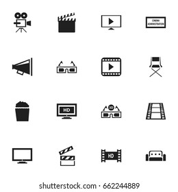 Set Of 16 Editable Cinema Icons. Includes Symbols Such As Chair, Action, 3D Vision And More. Can Be Used For Web, Mobile, UI And Infographic Design.
