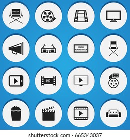 Set Of 16 Editable Cinema Icons. Includes Symbols Such As Loudspeaker, Theater Agency, Camera Strip And More. Can Be Used For Web, Mobile, UI And Infographic Design.
