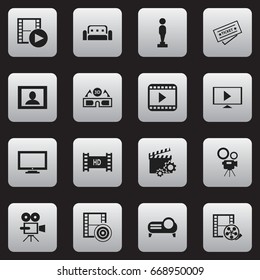 Set Of 16 Editable Cinema Icons. Includes Symbols Such As Couch, Ticket, Oscar And More. Can Be Used For Web, Mobile, UI And Infographic Design.