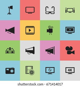 Set Of 16 Editable Cinema Icons. Includes Symbols Such As Camcorder, Display, Film Spectacles And More. Can Be Used For Web, Mobile, UI And Infographic Design.
