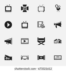 Set Of 16 Editable Cinema Icons. Includes Symbols Such As Start, Video, Broadcast And More. Can Be Used For Web, Mobile, UI And Infographic Design.