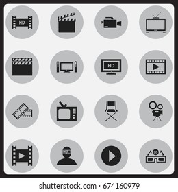 Set Of 16 Editable Cinema Icons. Includes Symbols Such As Retro Tv, Movie Camera, Chair And More. Can Be Used For Web, Mobile, UI And Infographic Design.