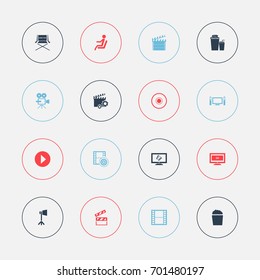 Set Of 16 Editable Cinema Icons. Includes Symbols Such As Record Cam, Cinema Snack, Seat And More. Can Be Used For Web, Mobile, UI And Infographic Design.