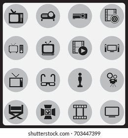 Set Of 16 Editable Cinema Icons. Includes Symbols Such As Retro Tv, Presentation, Home Cinema And More. Can Be Used For Web, Mobile, UI And Infographic Design.