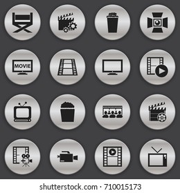 Set Of 16 Editable Cinema Icons. Includes Symbols Such As Video Camera, Film, Cinema Snack And More. Can Be Used For Web, Mobile, UI And Infographic Design.