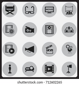 Set Of 16 Editable Cinema Icons. Includes Symbols Such As Movie Camera, Stool, Film Glasses And More. Can Be Used For Web, Mobile, UI And Infographic Design.