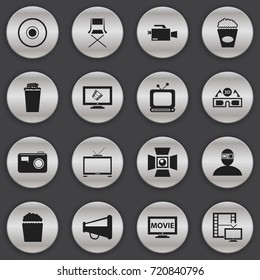 Set Of 16 Editable Cinema Icons. Includes Symbols Such As Popcorn, Cinema Snack, Spectator And More. Can Be Used For Web, Mobile, UI And Infographic Design.
