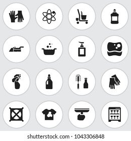 Set of 16 editable cleaning icons. Includes symbols such as no washing, glass spray, dirty t-shirt and more. Can be used for web, mobile, UI and infographic design.
