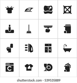 Set Of 16 Editable Cleaning Icons. Includes Symbols Such As Washing Tool, Dustbin, Container And More. Can Be Used For Web, Mobile, UI And Infographic Design.