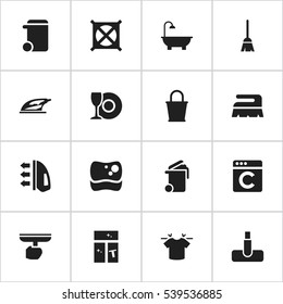 Set Of 16 Editable Cleaning Icons. Includes Symbols Such As Washing Glass, Washing Tool, Brush And More. Can Be Used For Web, Mobile, UI And Infographic Design.