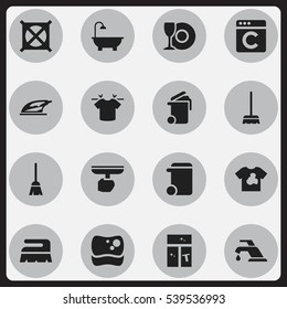 Set Of 16 Editable Cleaning Icons. Includes Symbols Such As Washing Glass, Brush, Whisk And More. Can Be Used For Web, Mobile, UI And Infographic Design.